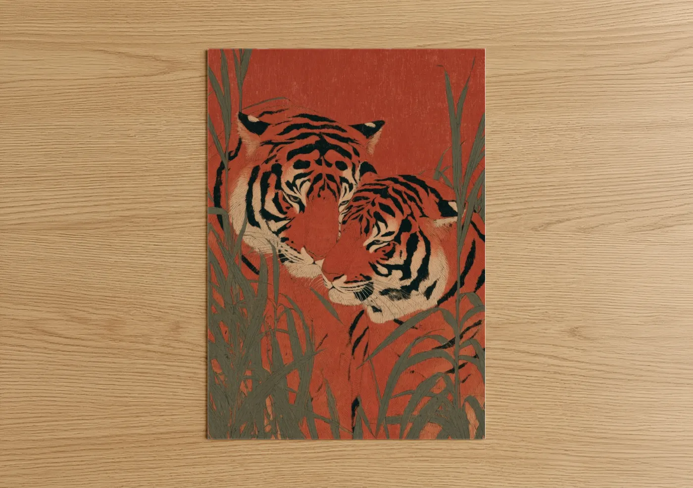 Animals in love art print on warm oak wood — red and sage green palette — Crimson Tiger Pair poster