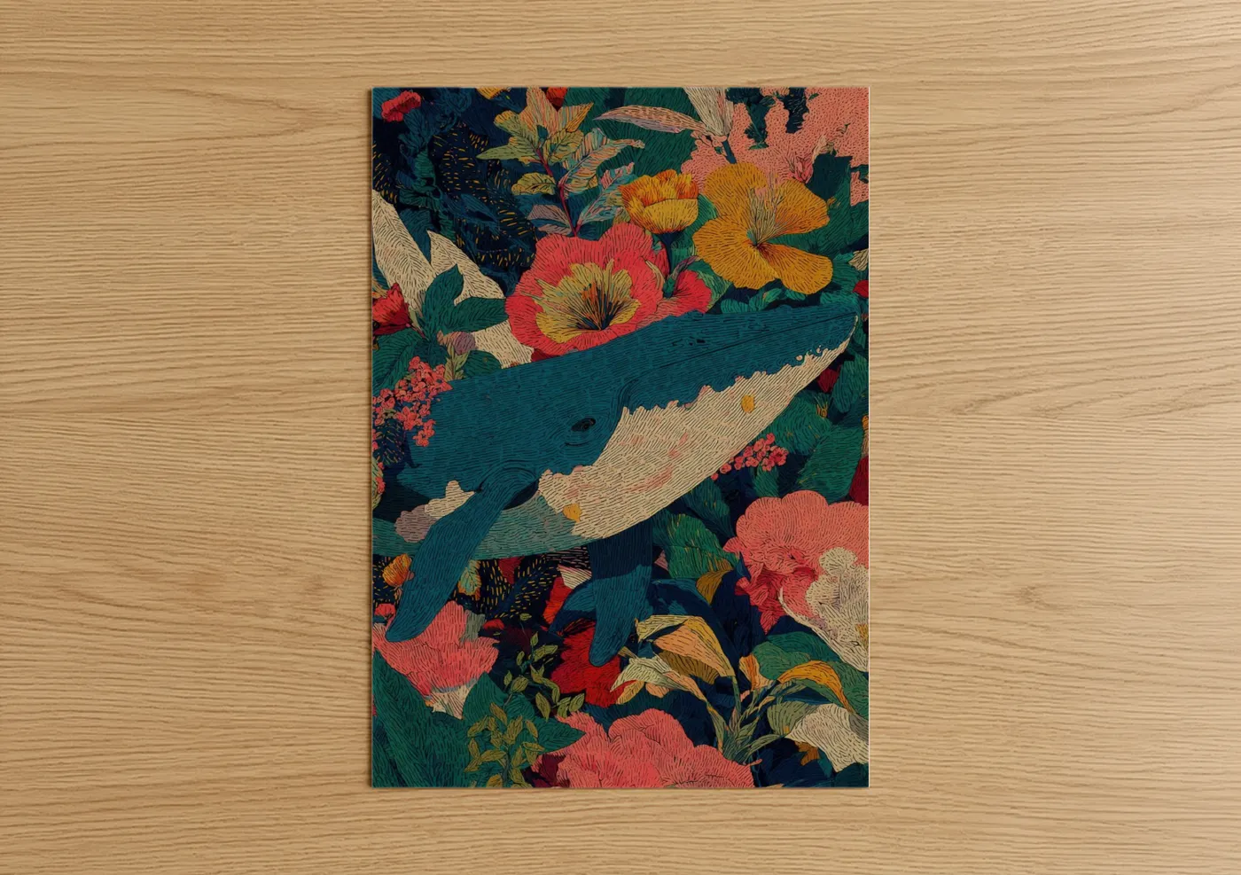 Blue whale art print on warm oak wood — teal and salmon pink palette — Floral Whale poster