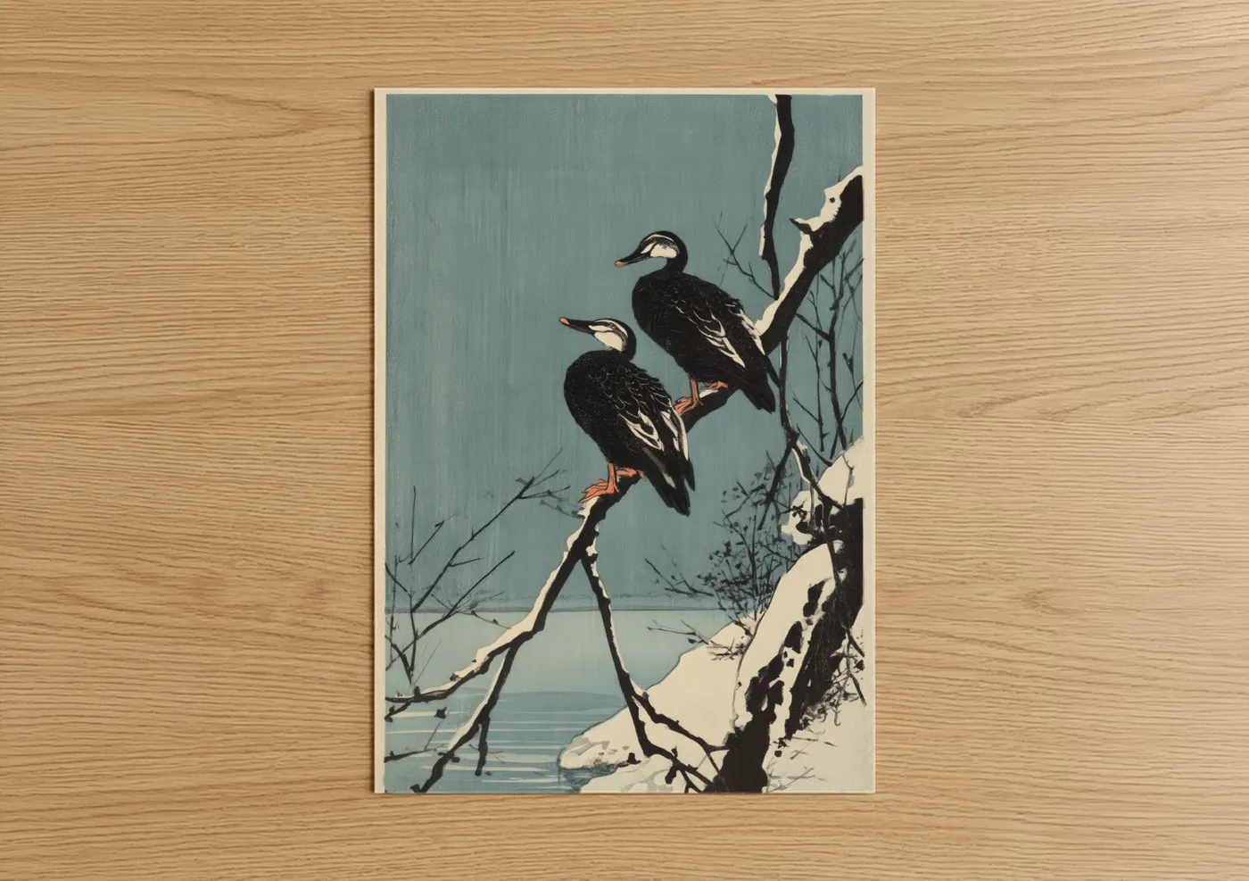 Winter Ducks on Snowy Branch Watercolor Wall Art