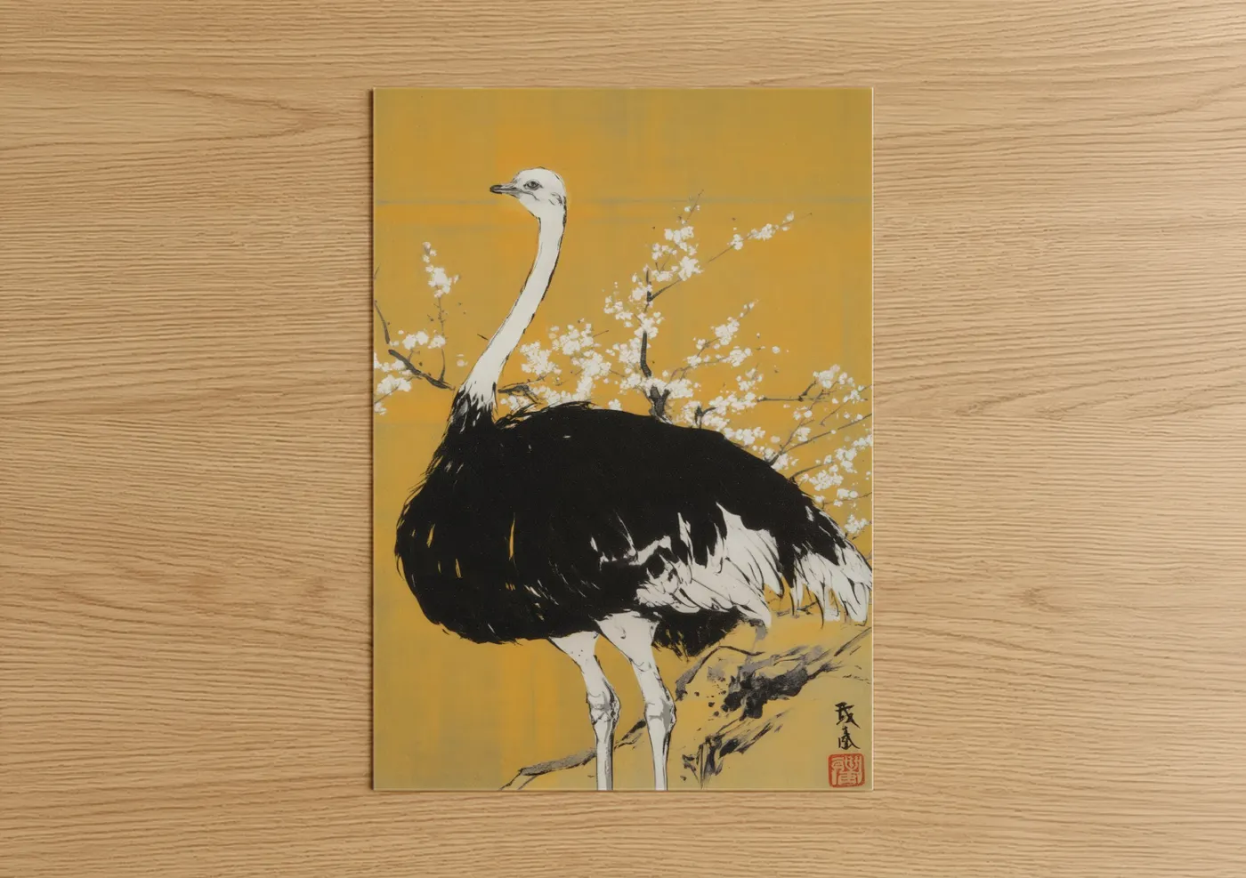 Golden Ostrich with Blossoms Wall Art