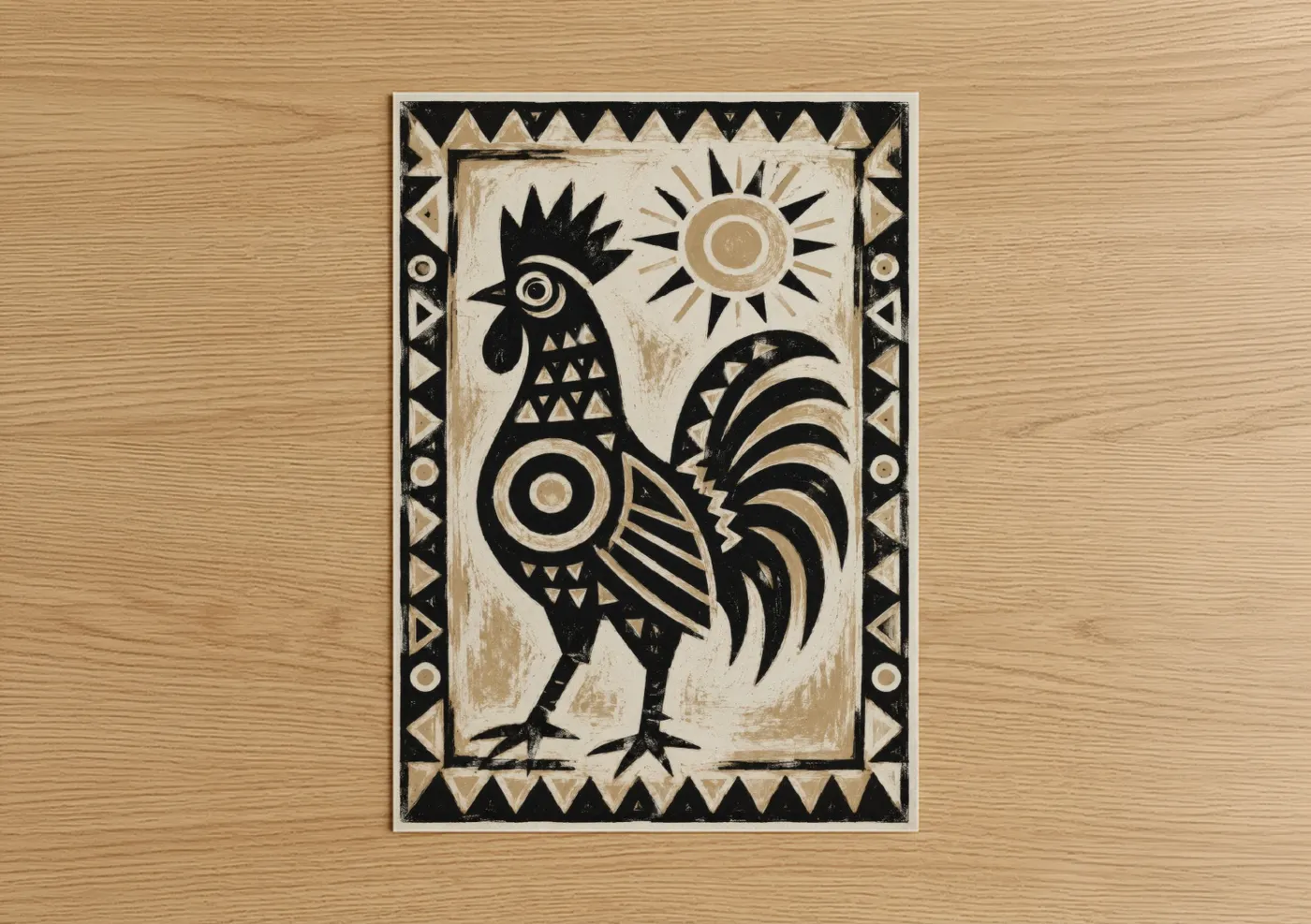 Chicken and roosters art print on warm oak wood — black and white and beige palette — Geometric Rooster Folk Art Wall Art poster