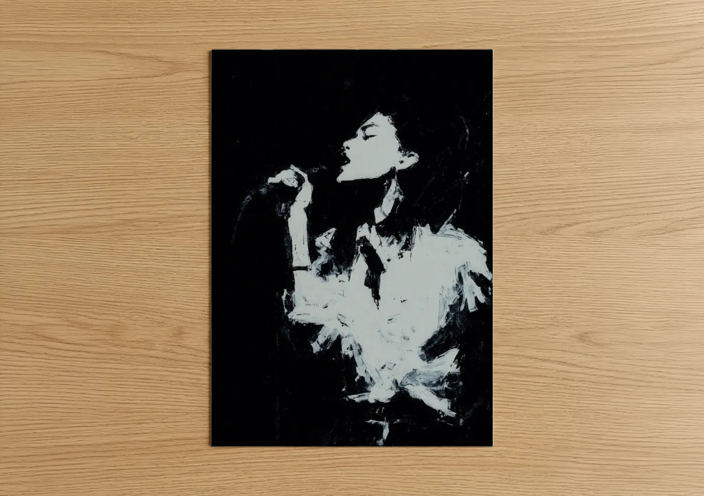 Rock'n roll art print on warm oak wood — black and white palette — Passionate Rock Singer poster