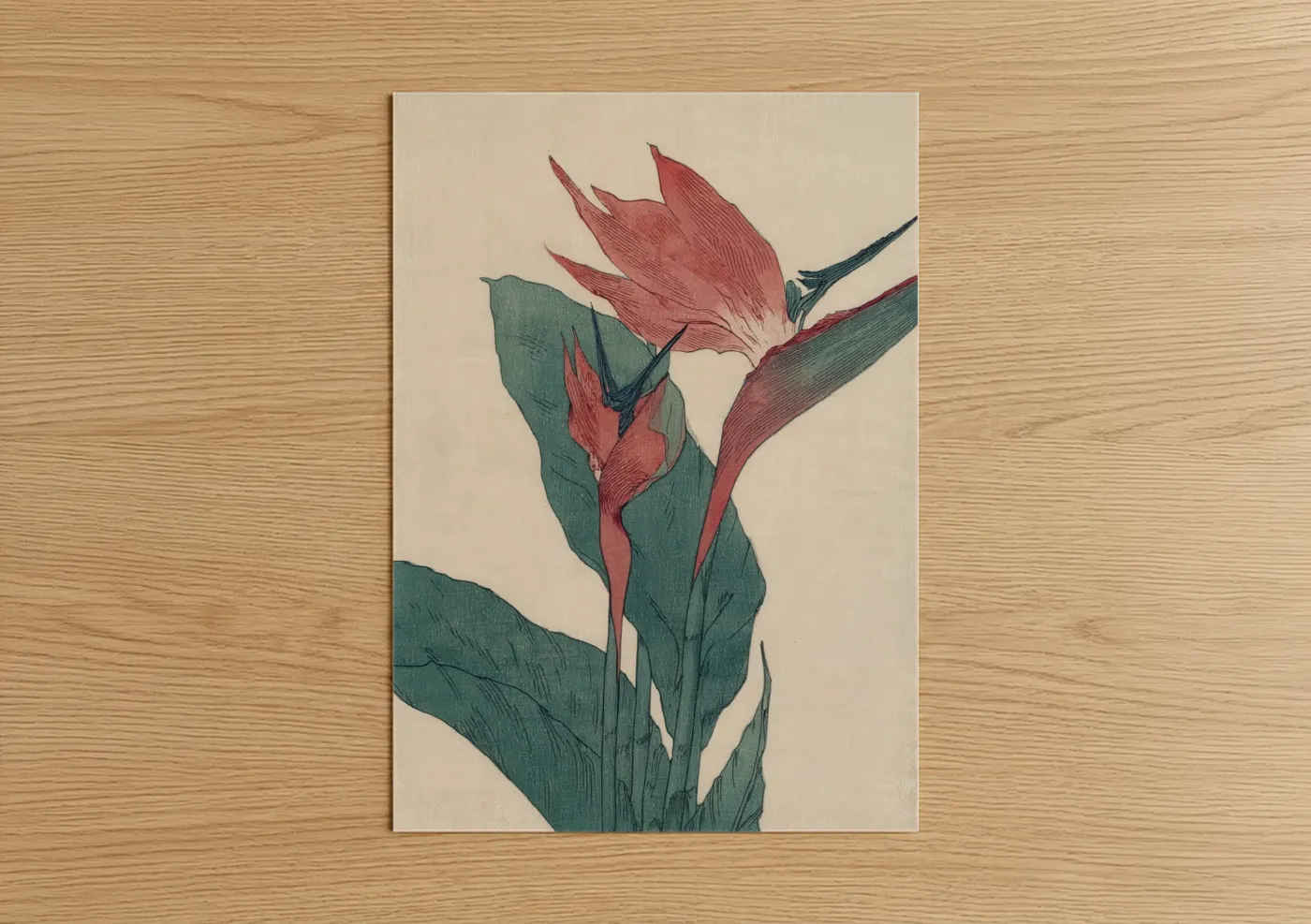 Birds of paradise art print on warm oak wood — maroon and dark green palette — Crimson Paradise Bloom poster