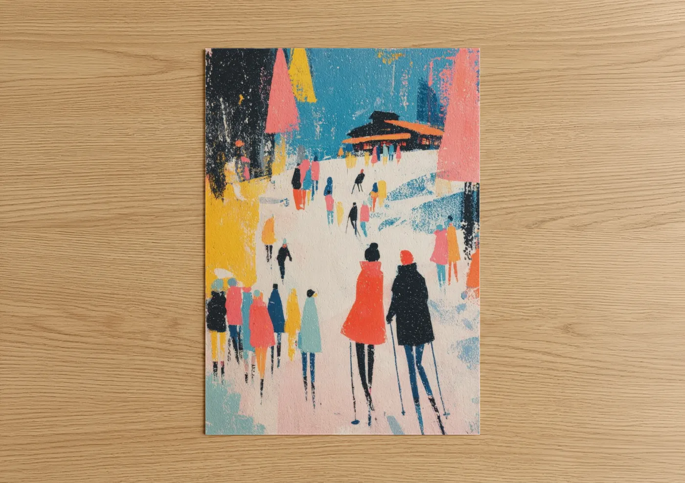 Colorful Ski Resort Winter Scene Wall Art