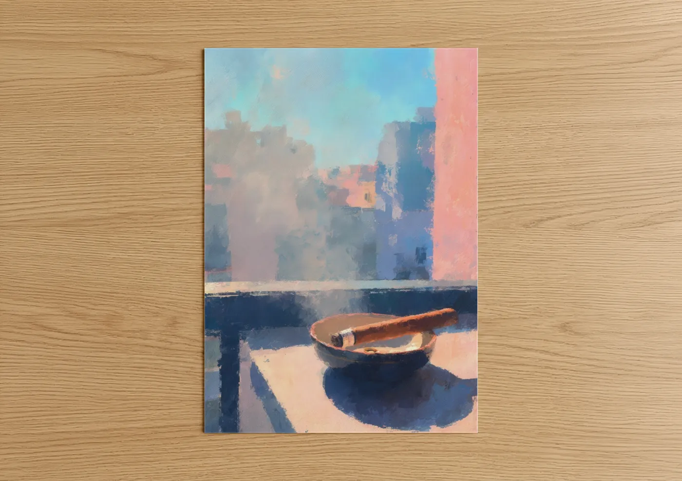 Cigars art print on warm oak wood — blue and gold palette — Harbor Cigar poster