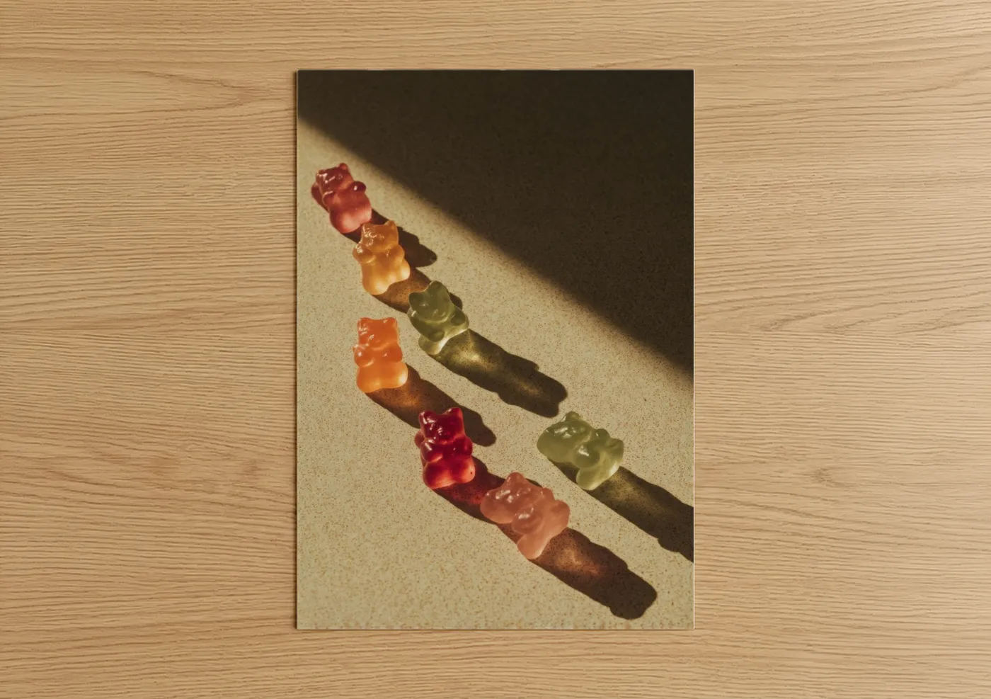 Sweet art print on warm oak wood — gold and red palette — Gummy Bear Candy poster