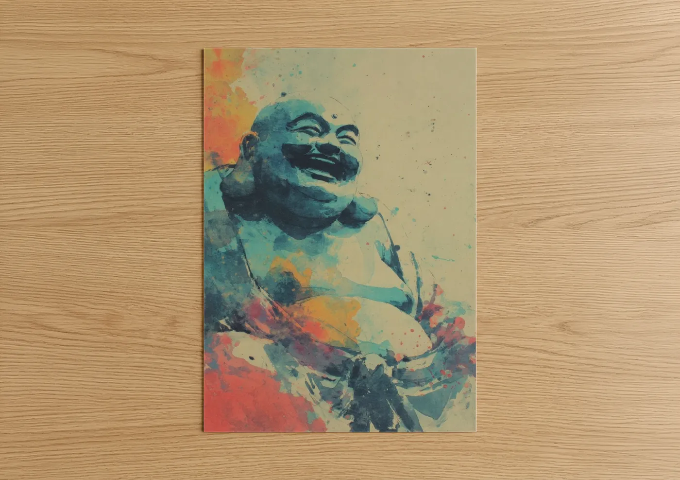 Buddhism art print on warm oak wood — teal and orange palette — Enlightened Buddha poster