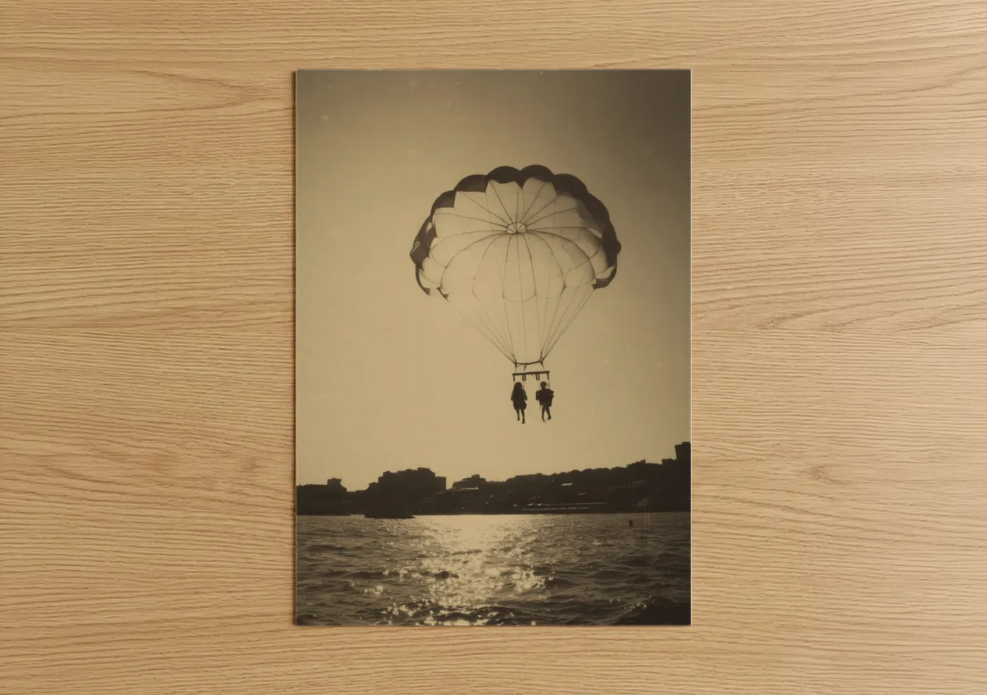 Art print on warm oak wood — gold and black and white palette — Sunset Parasailing poster