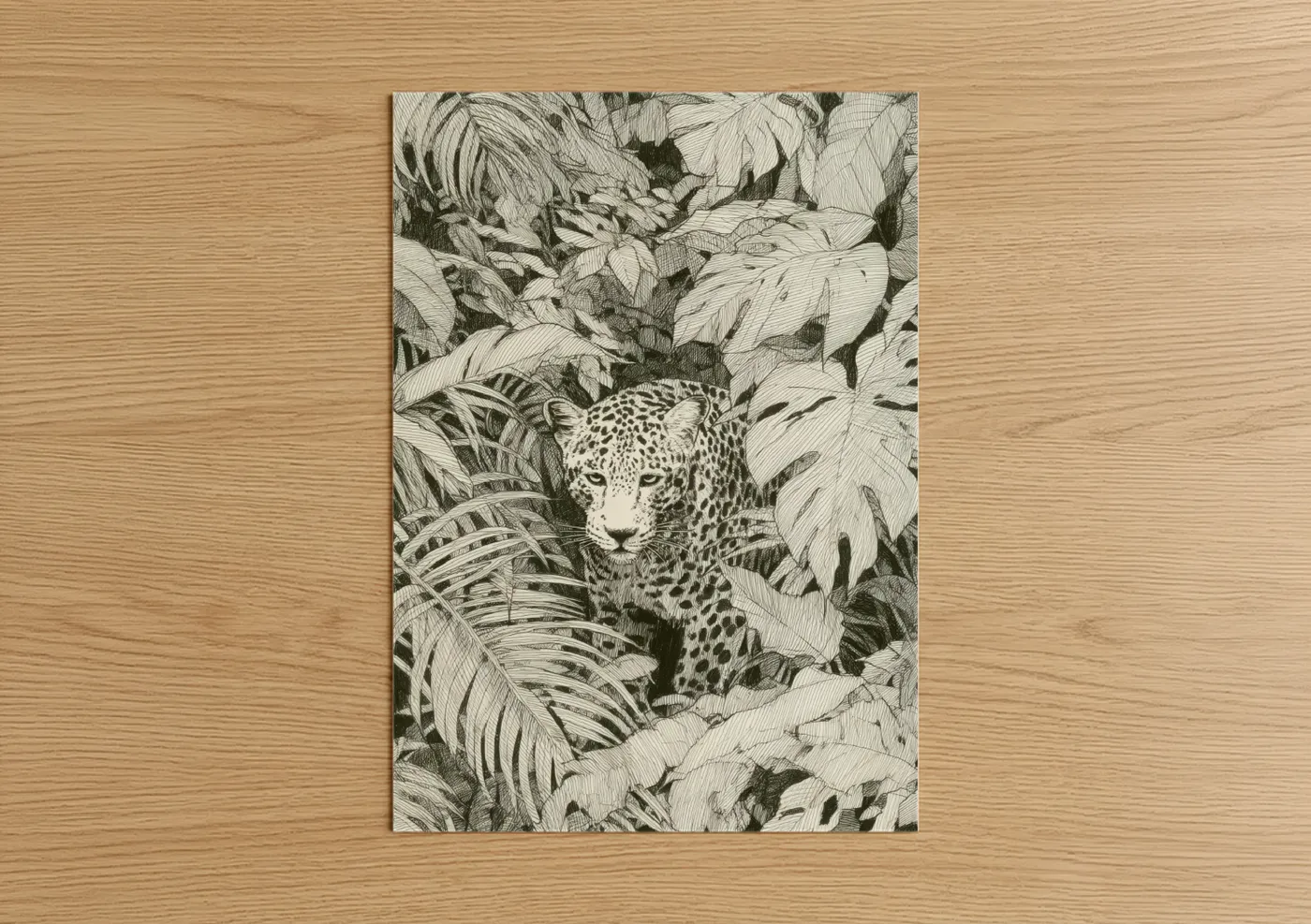 Jaguar in Tropical Jungle Pen Drawing Wall Art