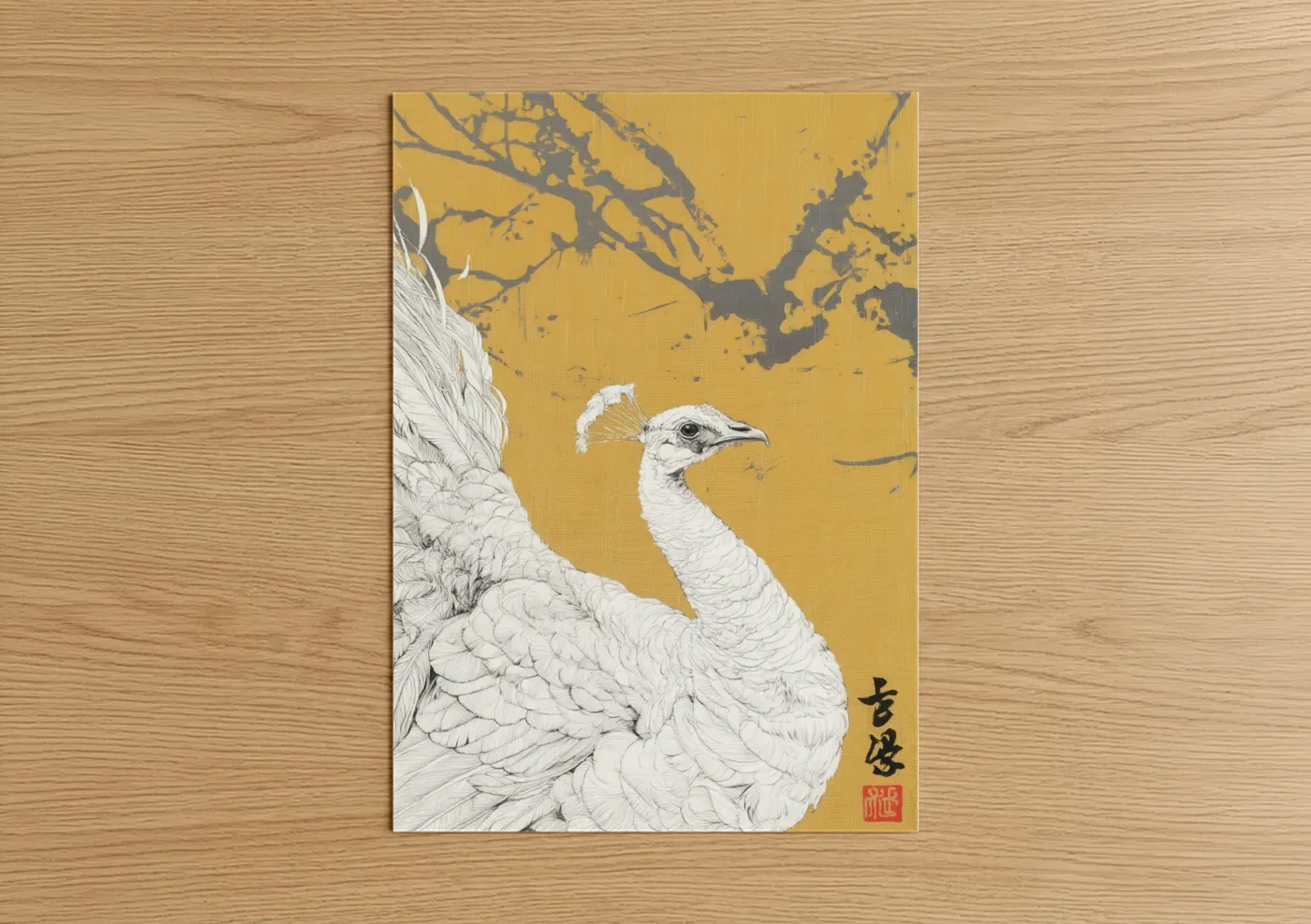 Art print on warm oak wood — yellow gold and white palette — Golden Peacock poster