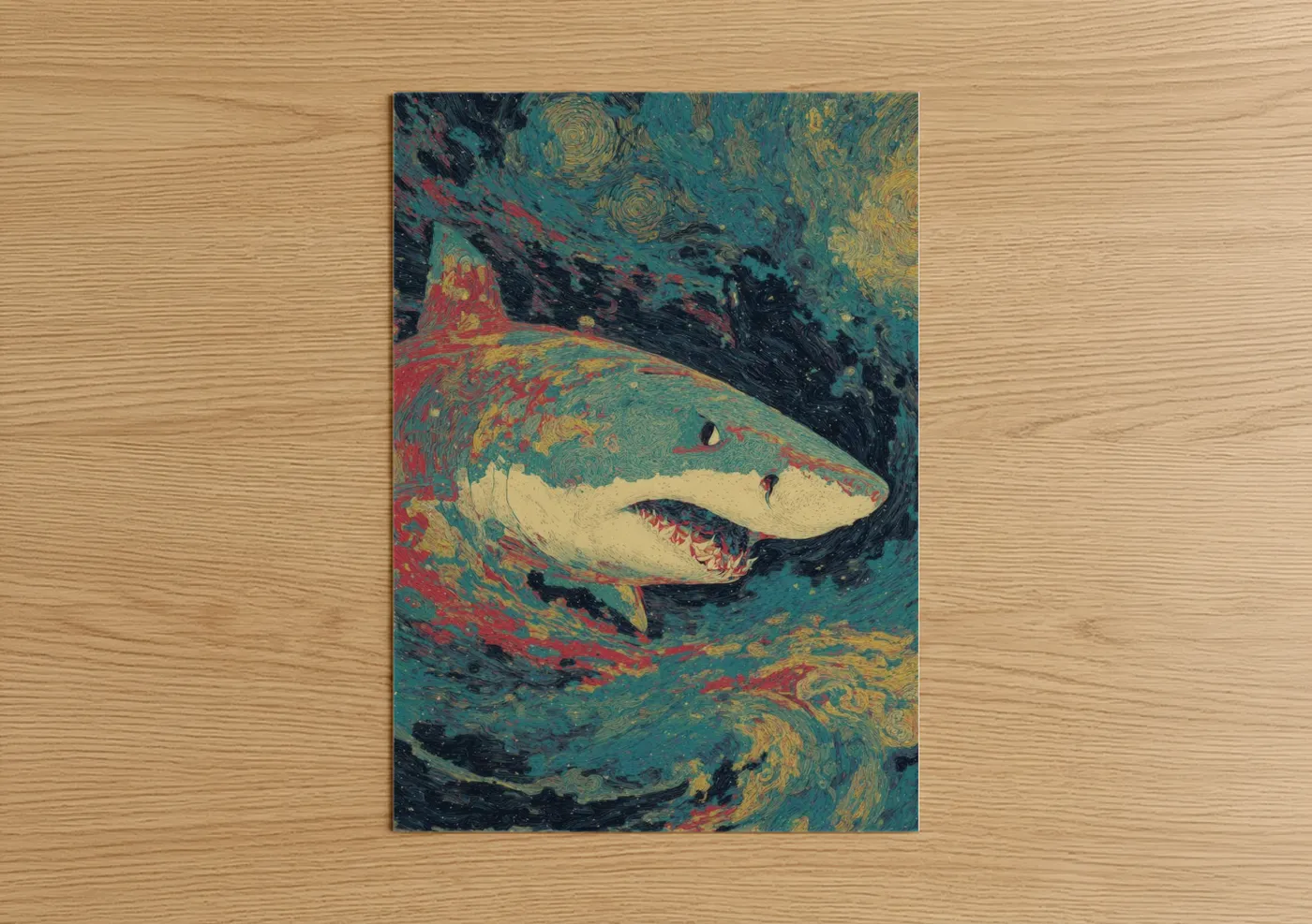 Art print on warm oak wood — teal and gold palette — Crimson Bull Shark poster