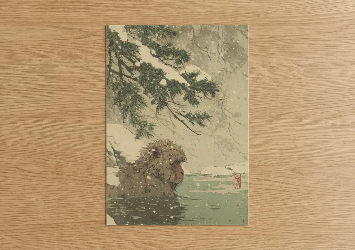 Snowy Macaque Winter Nature Watercolor Wall Art