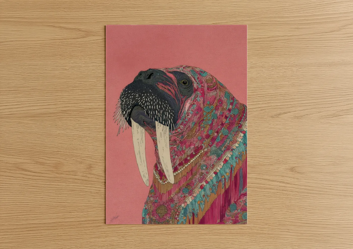 Art print on warm oak wood — magenta and teal palette — Ornate Walrus poster