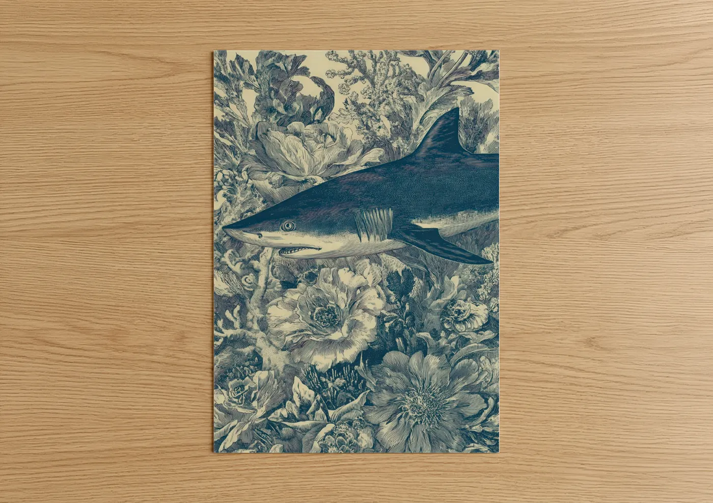 Art print on warm oak wood — blue and white and cream palette — Floral Blue Shark poster