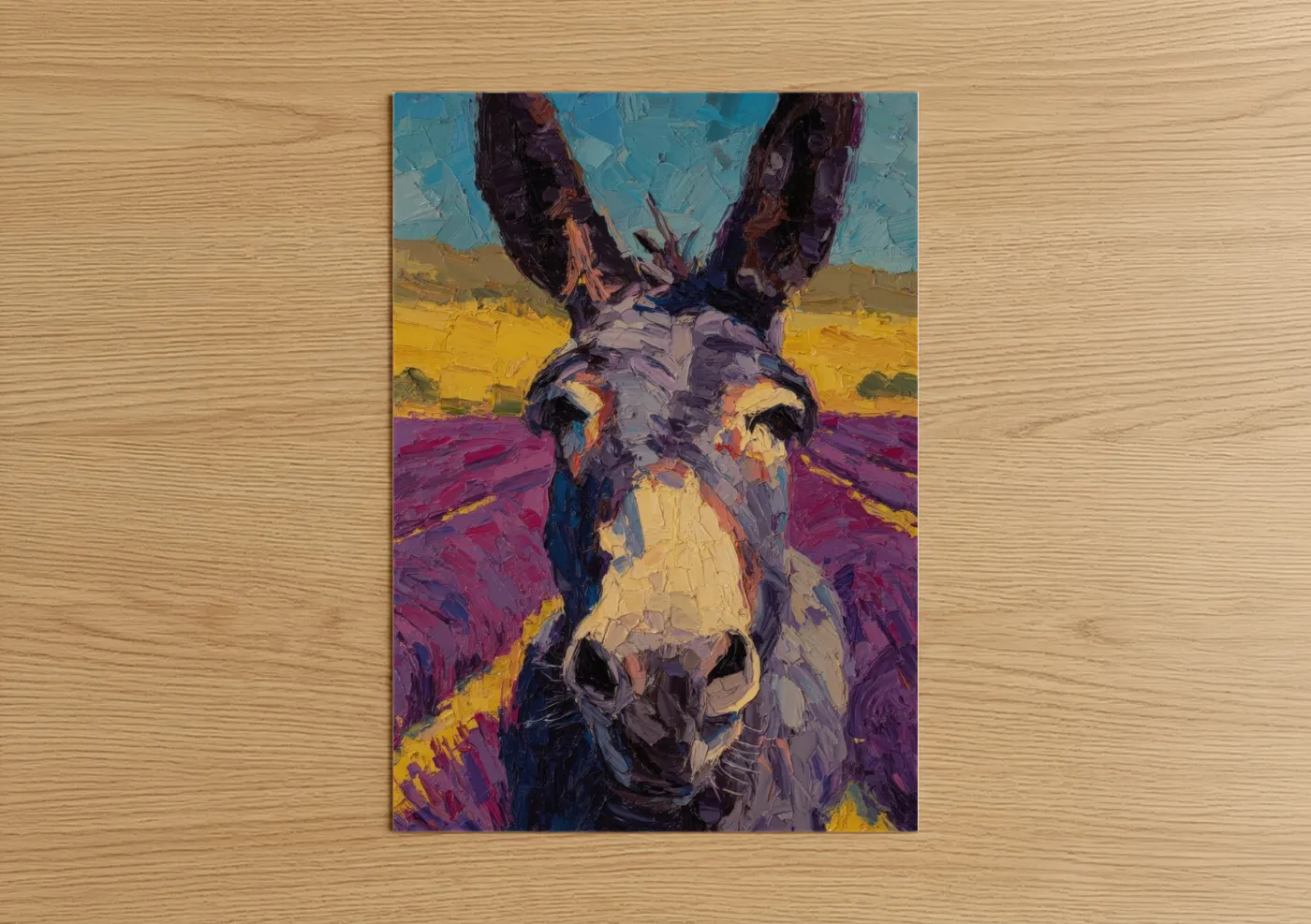 Art print on warm oak wood — blue and gold palette — Desert Mule Portrait poster