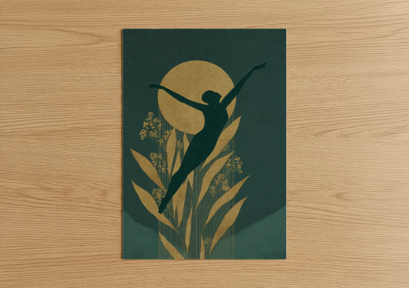 Swimming art print on warm oak wood — gold and dark green palette — Golden Leap poster