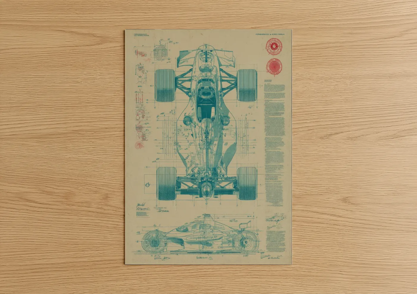 Auto racing art print on warm oak wood — teal and cream palette — Formula Blueprint poster