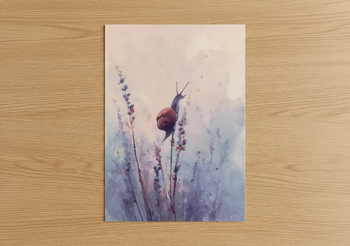 Art print on warm oak wood — lavender and blue palette — Lavender Snail poster