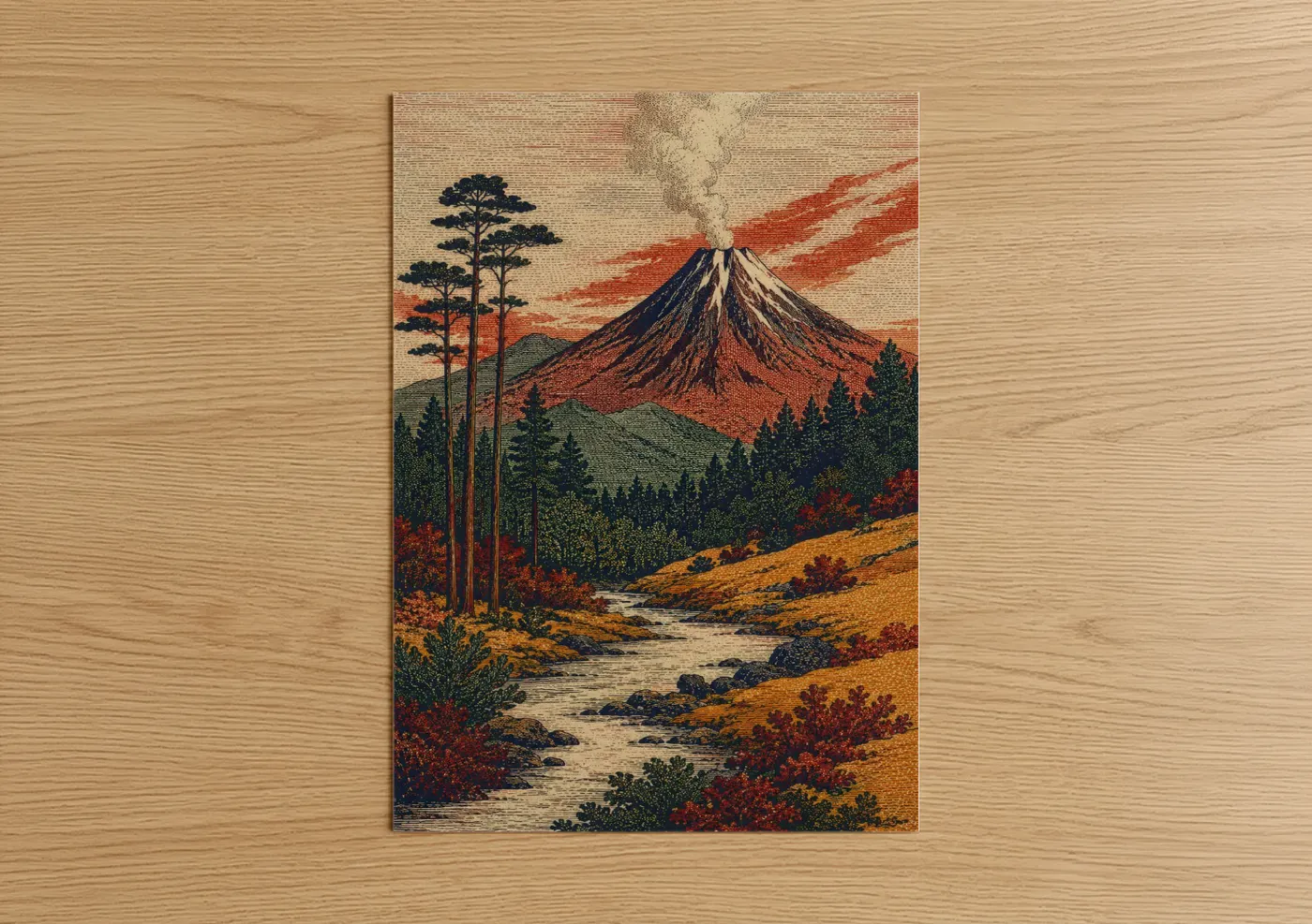 Art print on warm oak wood — orange and beige palette — Japanese Volcano Mountain Landscape Wall Art poster