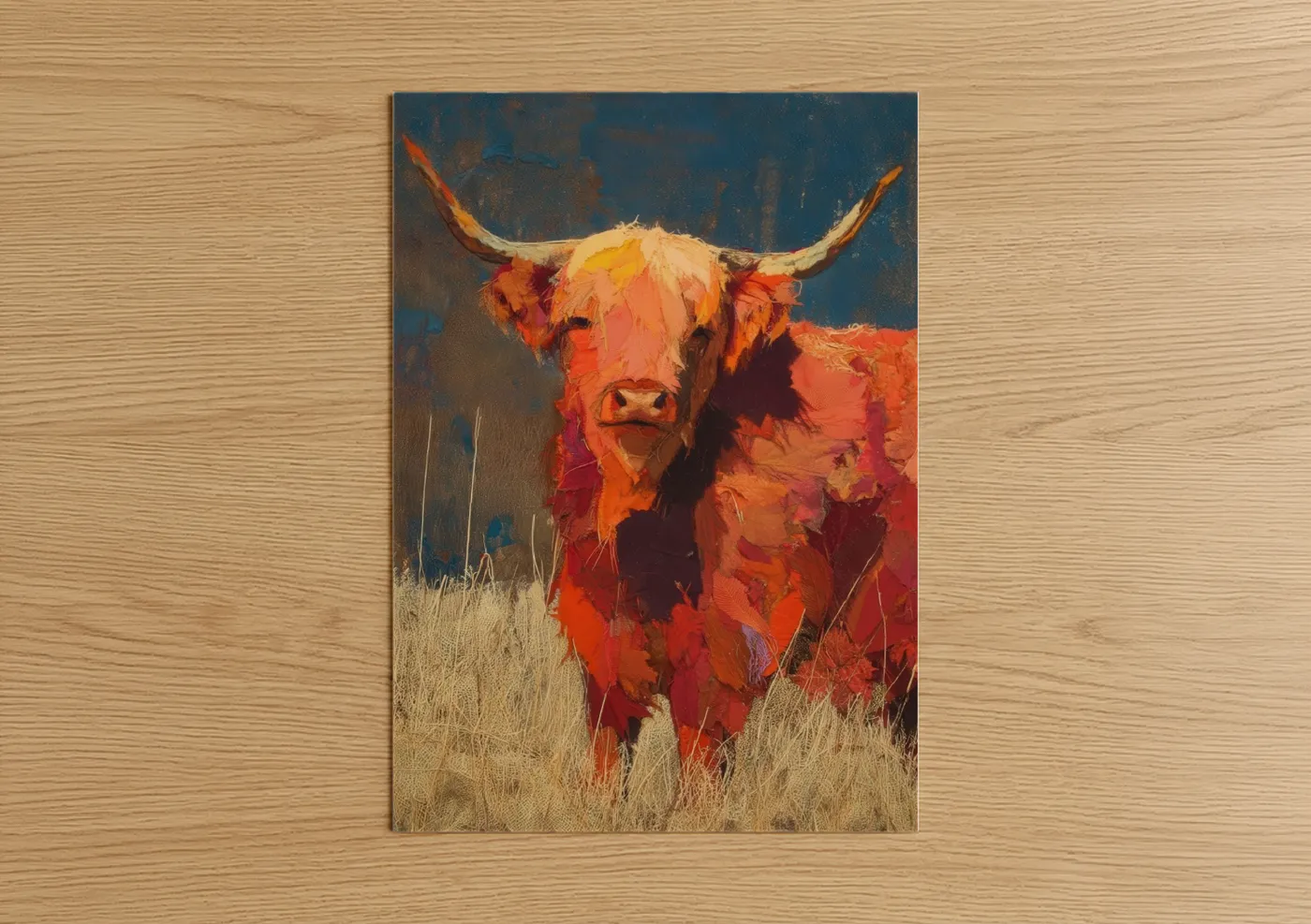 Highland cow art print on warm oak wood — gold and dark blue palette — Golden Highland Cattle poster