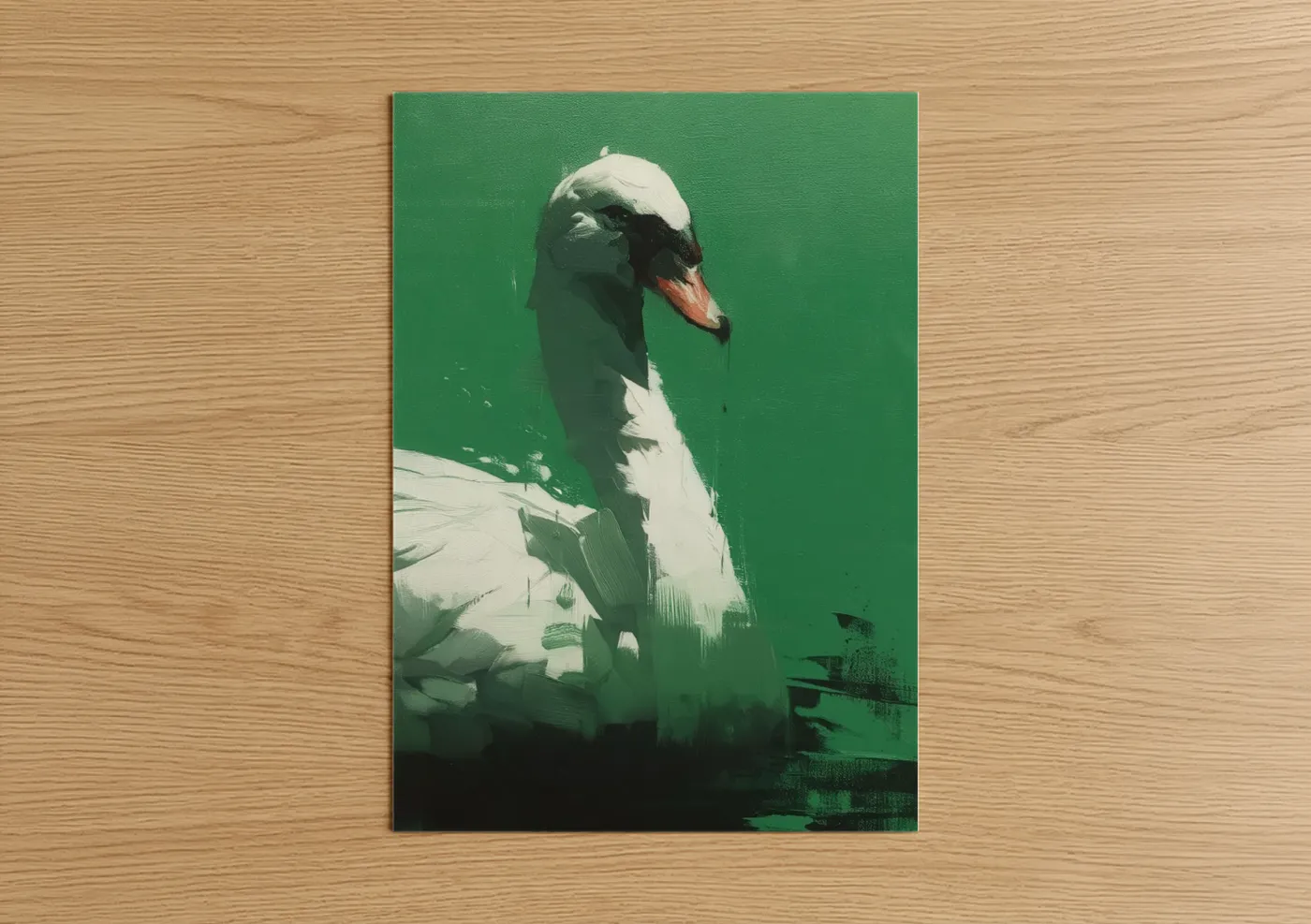 Art print on warm oak wood — true green and white palette — Emerald Swan poster