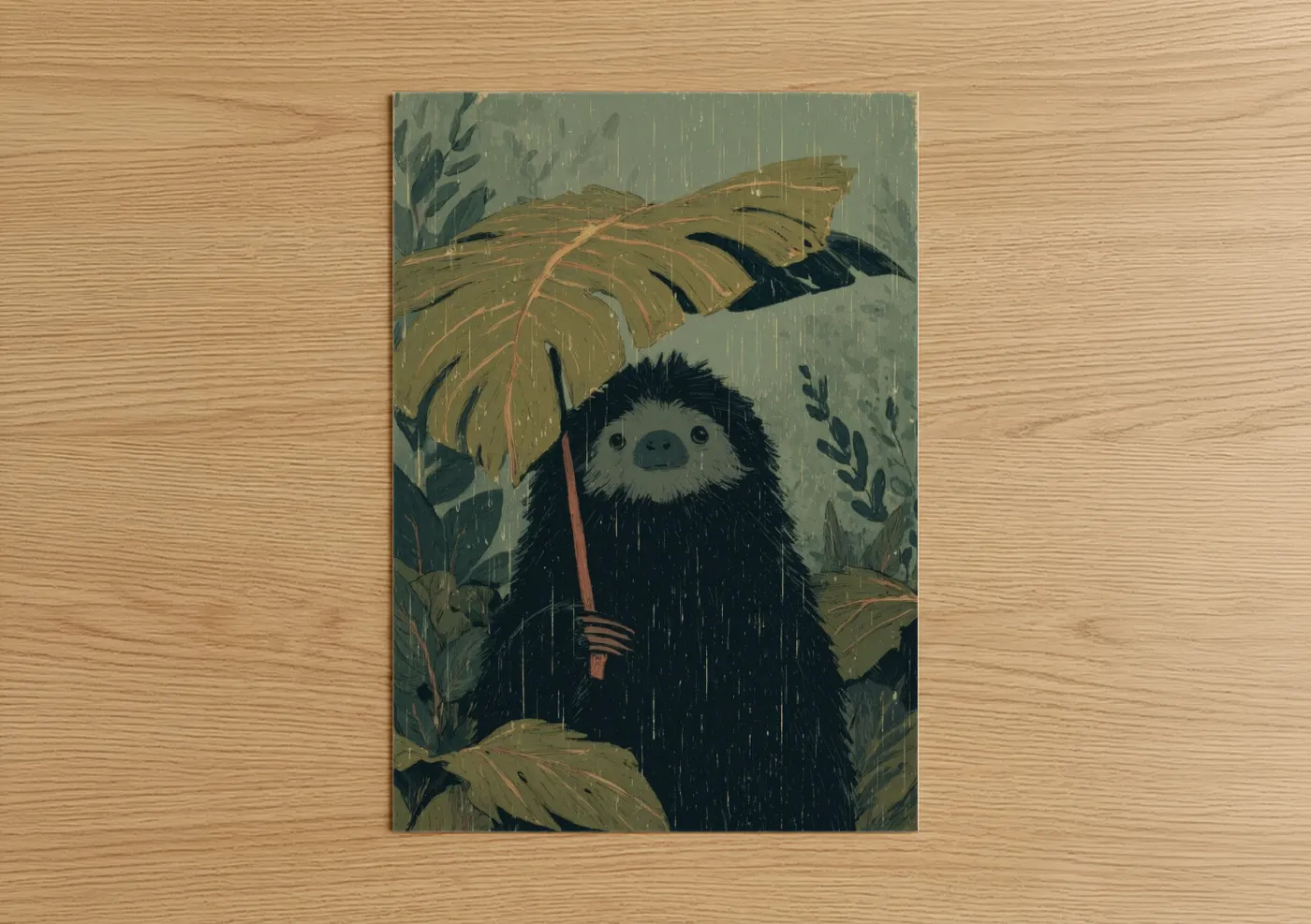 Art print on warm oak wood — sage green and yellow gold palette — Rainy Sloth Bear poster