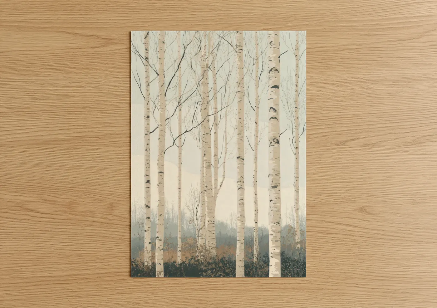 Art print on warm oak wood — cream and dove gray palette — Misty Birch Forest poster