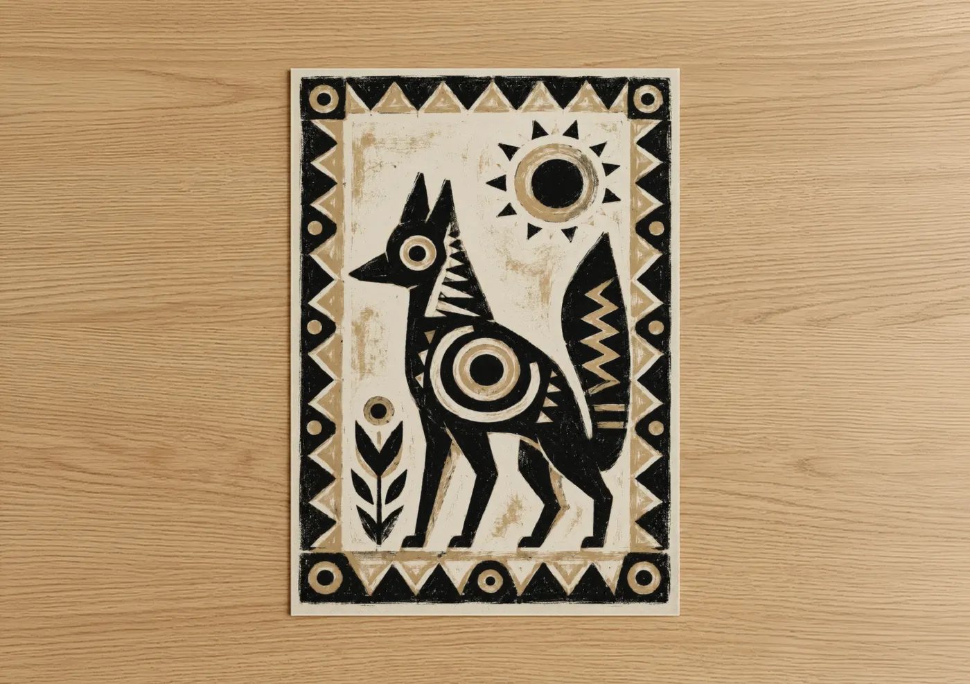Art print on warm oak wood — black and white and cream palette — Geometric Tribal Coyote Wall Art poster