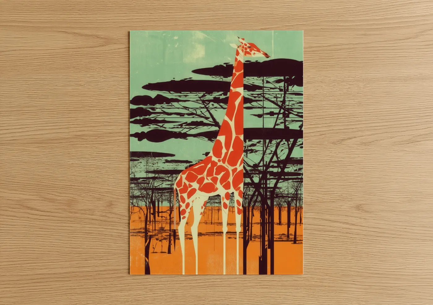 Giraffe Savanna Landscape Illustration Wall Art