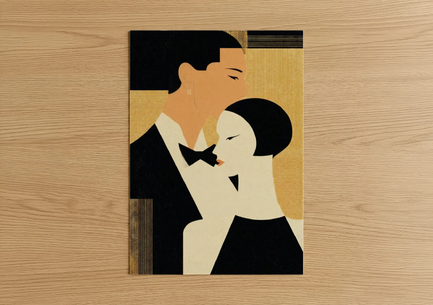 Groom and bride art print on warm oak wood — gold and black and white palette — Golden Romance Couple poster