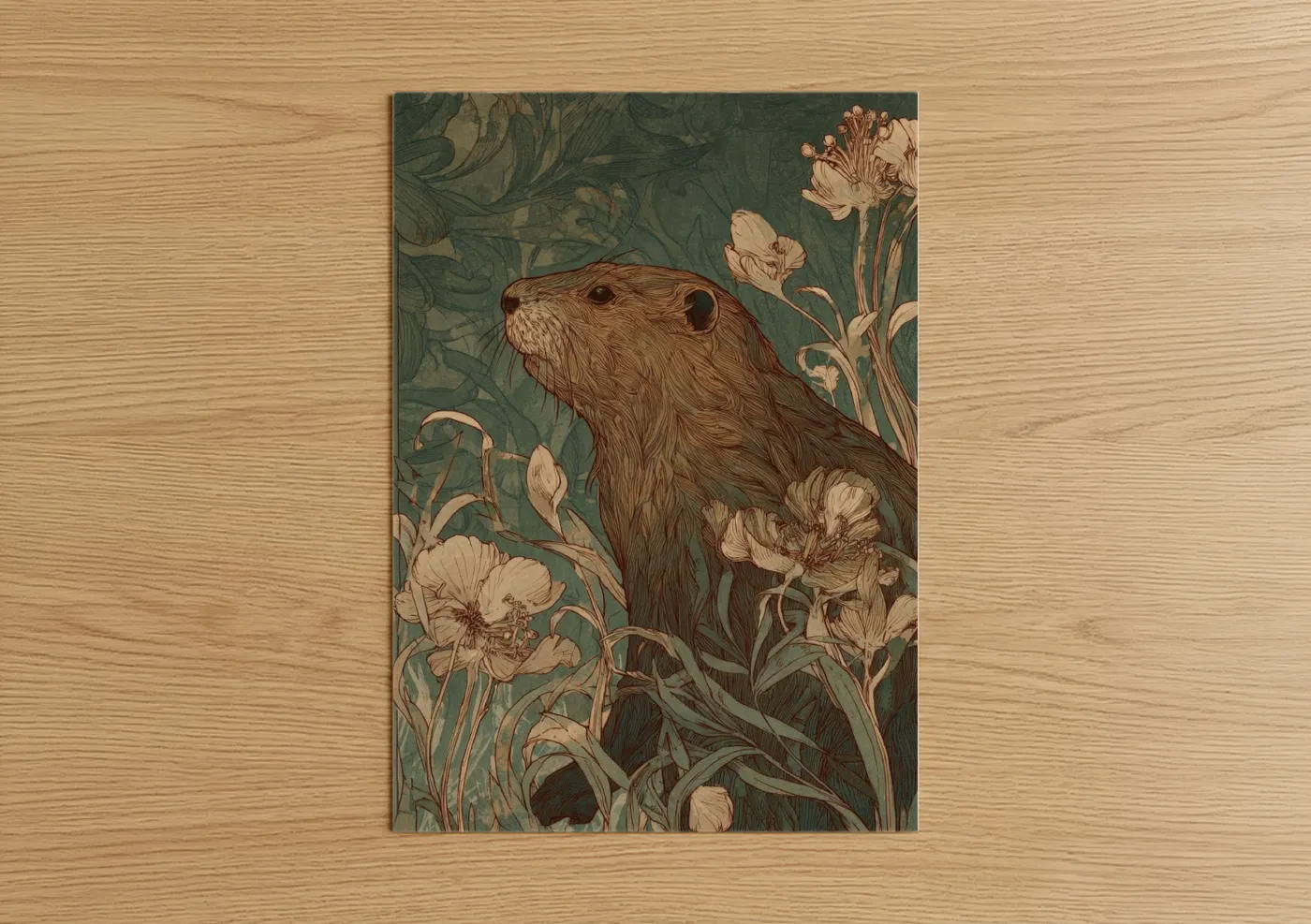 Art print on warm oak wood — dark green and cream palette — Garden Beaver poster