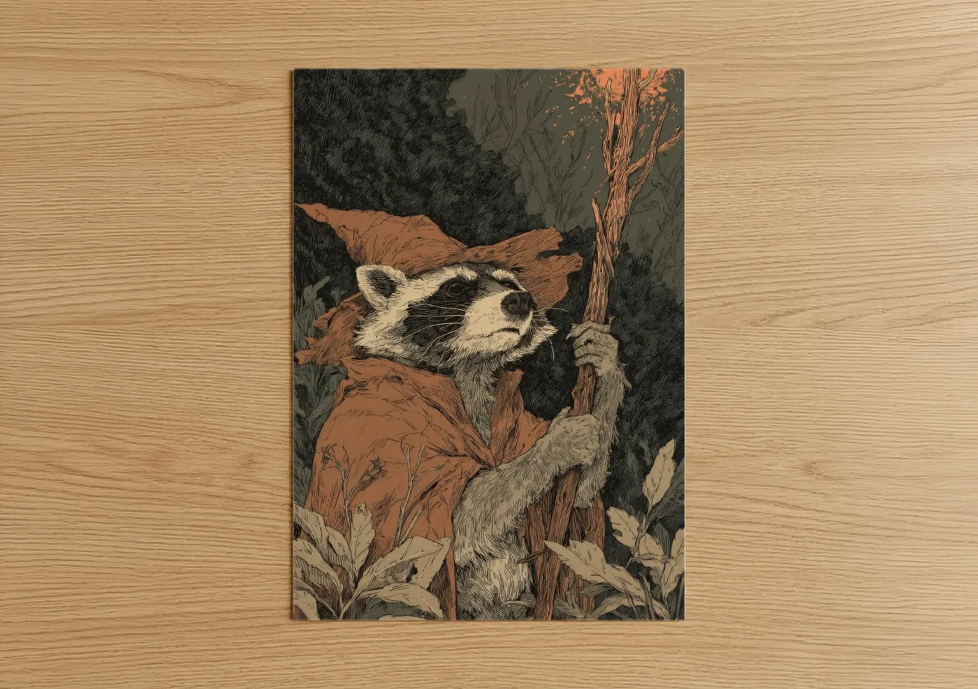 Art print on warm oak wood — brown and black and white palette — Forest Raccoon poster