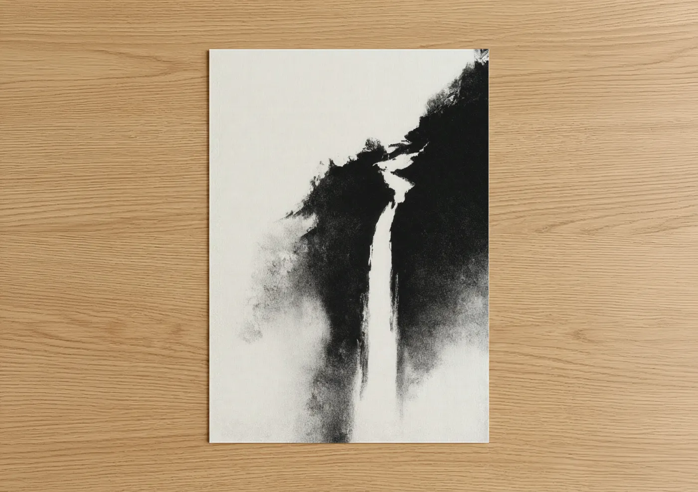 Art print on warm oak wood — black and white and gray palette — Misty Waterfall poster