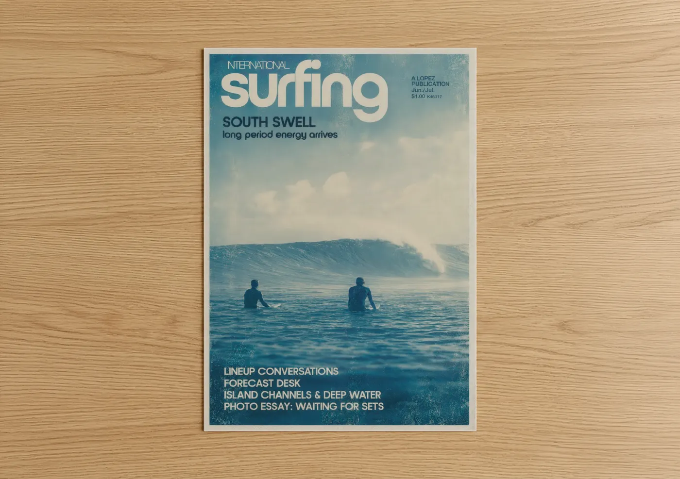 Surfing art print on warm oak wood — blue and turquoise palette — Vintage Surf Magazine Ocean Wall Art poster