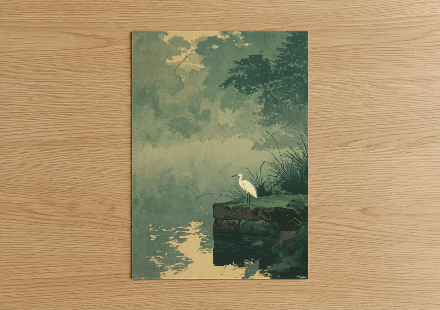 Serene Canal Heron Watercolor Wall Art
