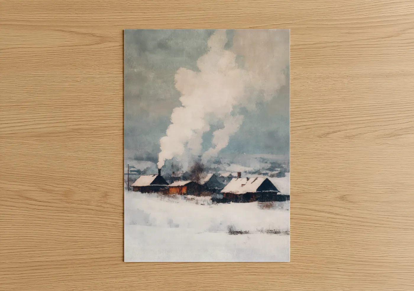Art print on warm oak wood — gray and white palette — Snowy Village Morning poster
