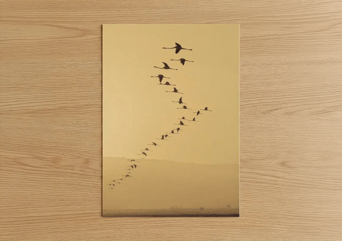 Art print on warm oak wood — gold and brown palette — Migration Flamingos poster