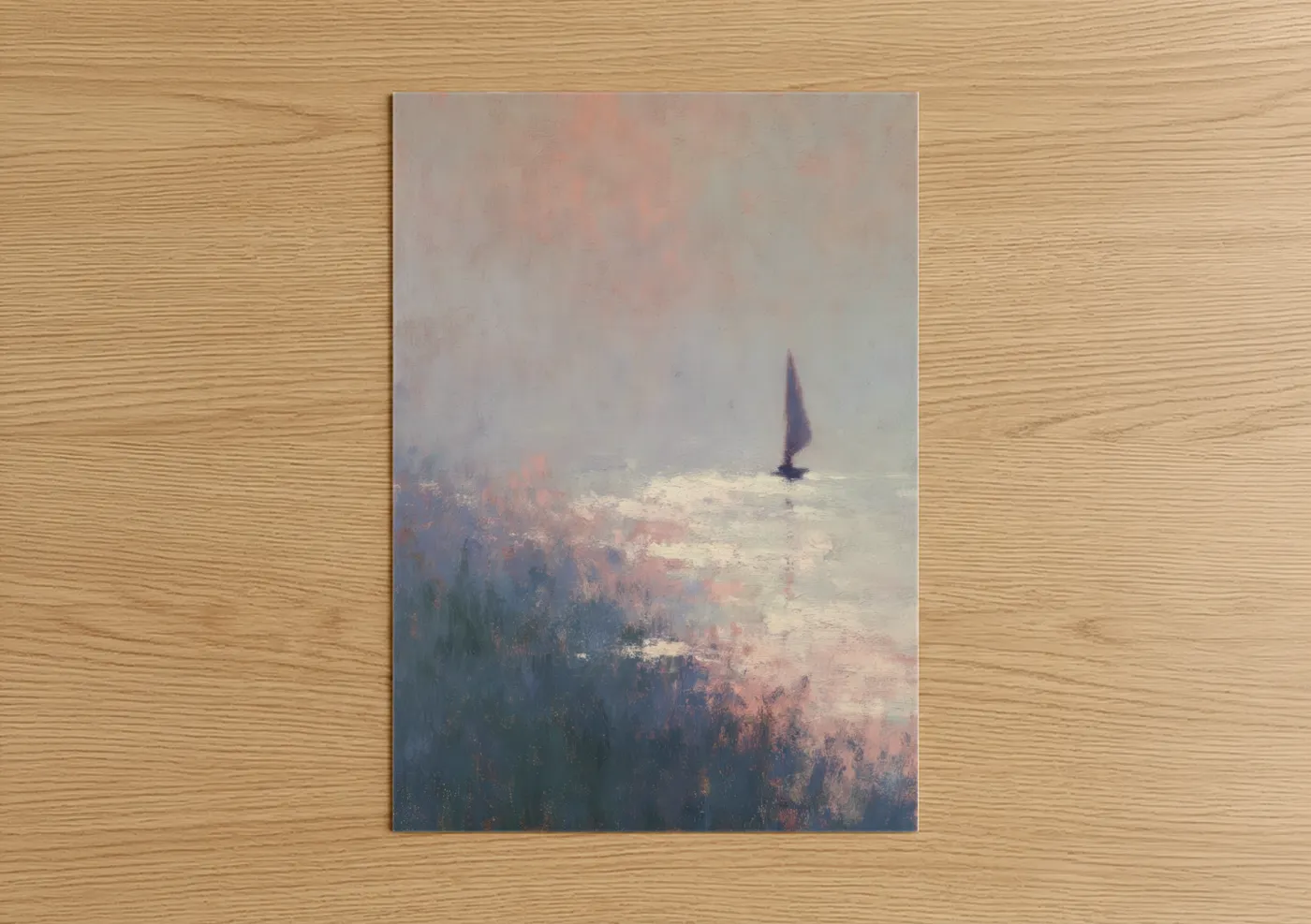 Art print on warm oak wood — peach and blue and white palette — Misty Windsurfing poster