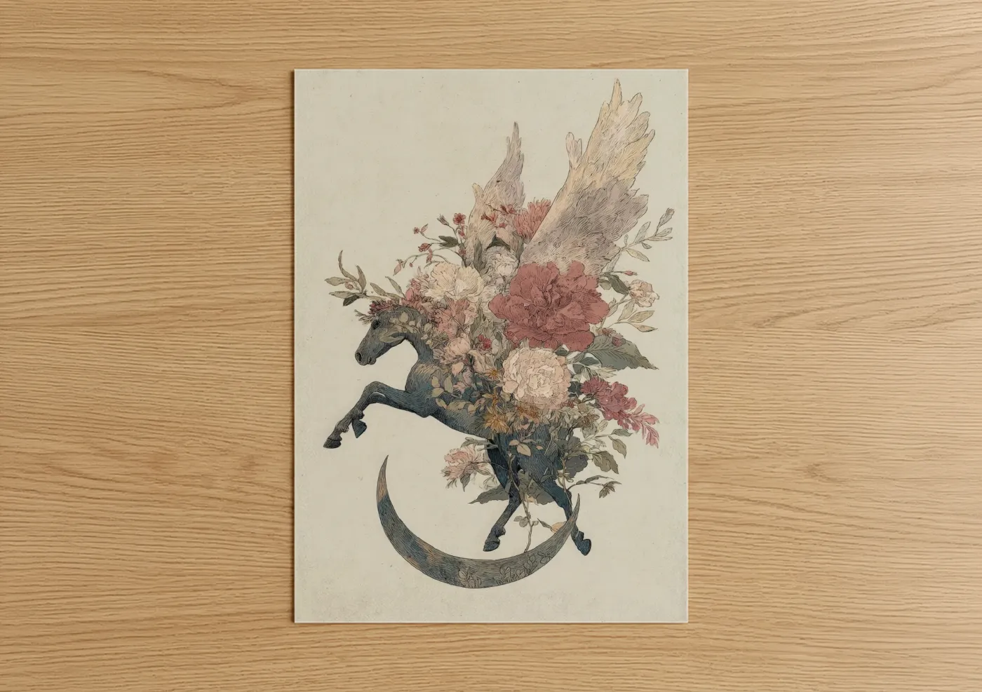 Art print on warm oak wood — cream and rose gold palette — Floral Pegasus poster