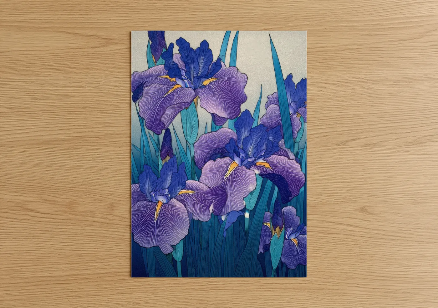Amarillys art print on warm oak wood — purple and teal palette — Purple Iris Garden poster