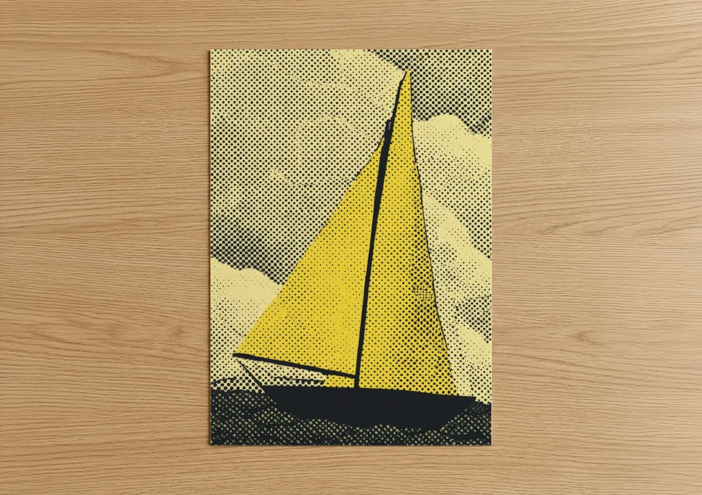 Sailing art print on warm oak wood — yellow and black palette — Yellow Sailboat poster