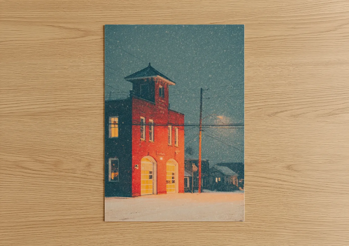 Snowy Red Firehouse Winter Architecture Wall Art