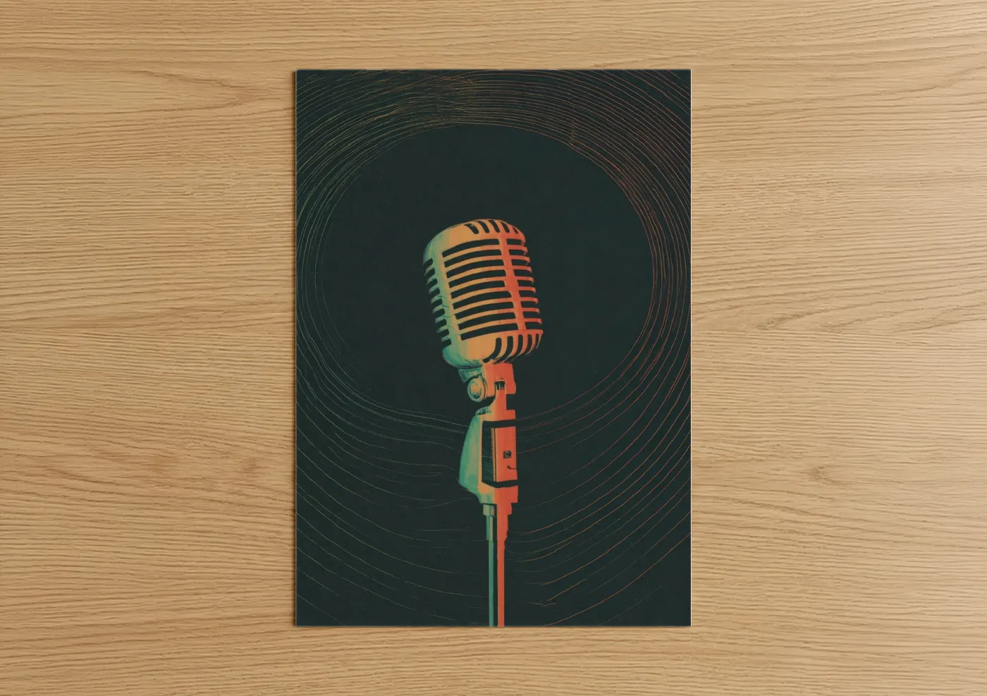 Art print on warm oak wood — orange and teal palette — Retro Microphone poster