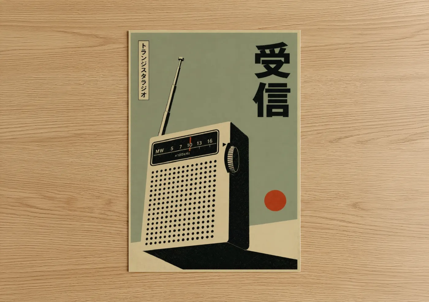 Boombox art print on warm oak wood — beige and olive palette — Vintage Japanese Transistor Radio Wall Art poster