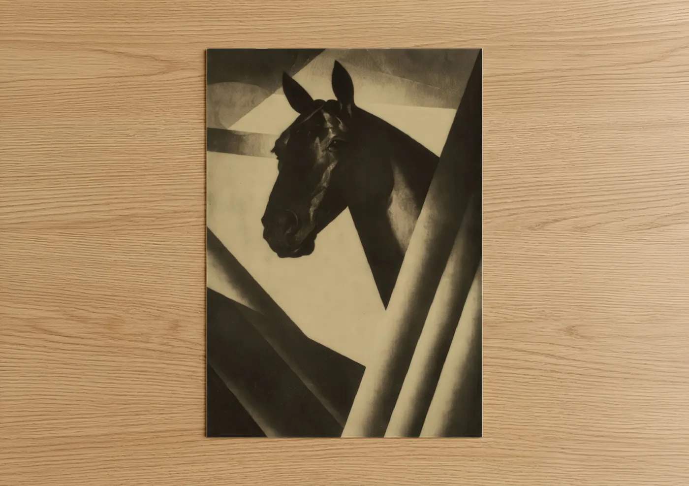 Thoroughbred horse art print on warm oak wood — black and white and cream palette — Silhouette Thoroughbred poster