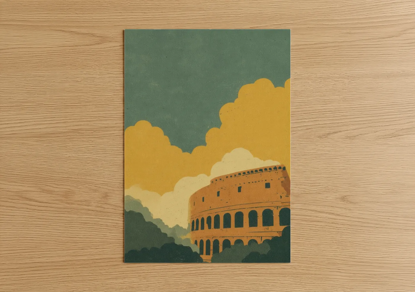 Art print on warm oak wood — yellow gold and sage green palette — Golden Colosseum poster