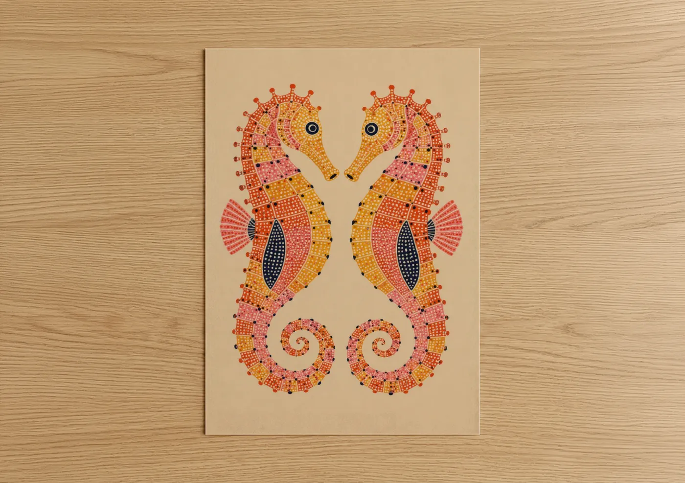 Sea horse art print on warm oak wood — orange and pink palette — Geometric Seahorse Mosaic Wall Art poster