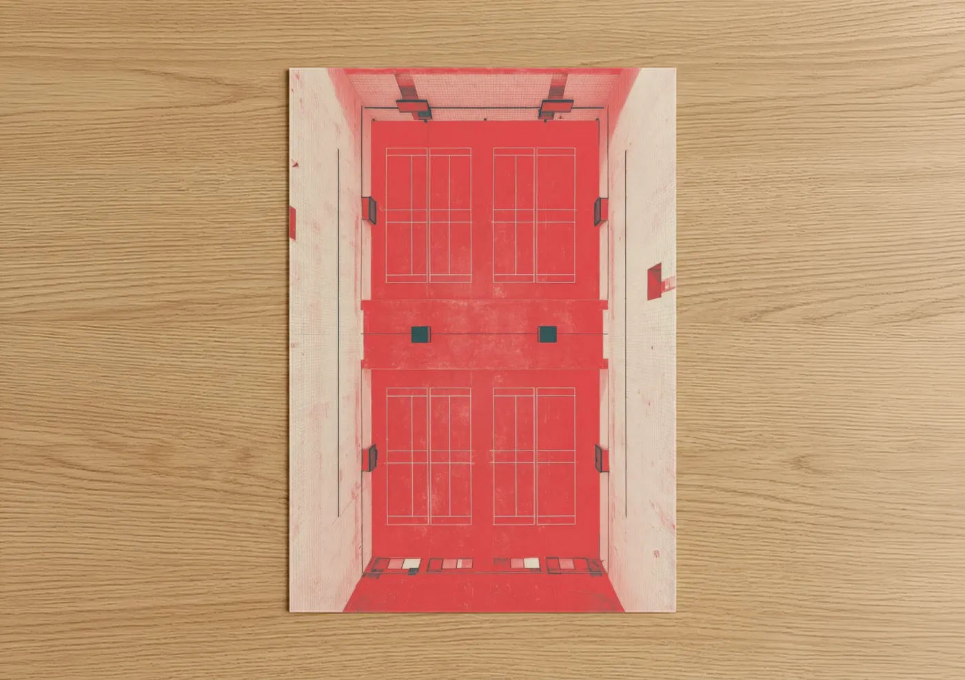 Racquetball art print on warm oak wood — red and cream palette — Crimson Court View poster