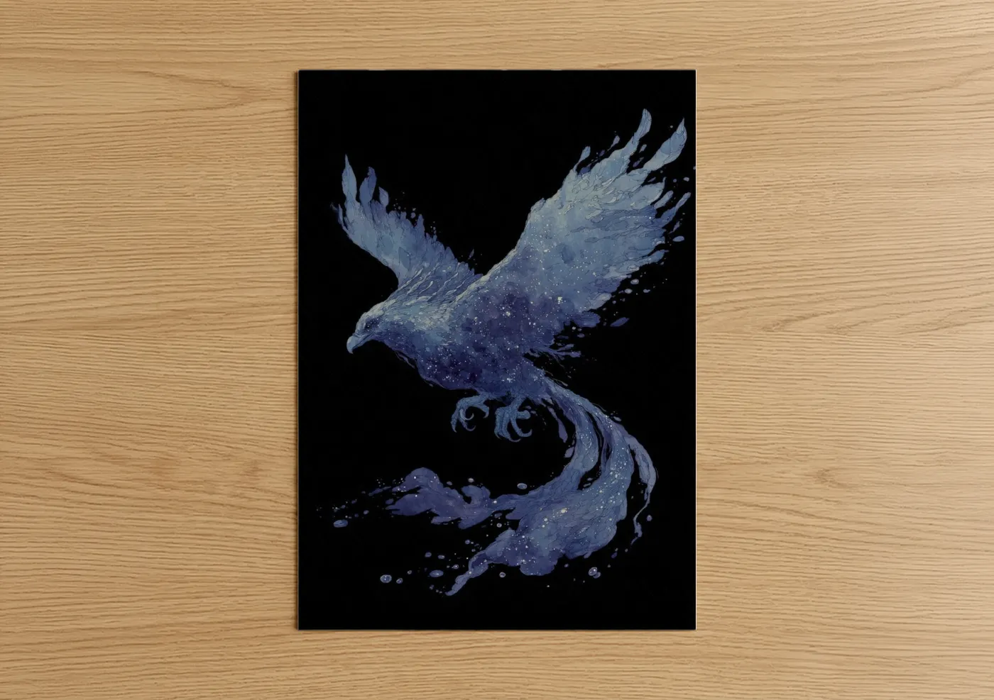 Art print on warm oak wood — blue and purple palette — Celestial Griffin poster