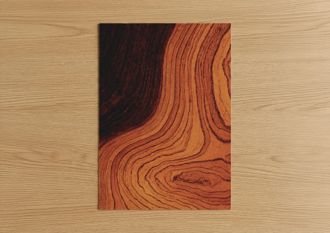Acoustic guitar art print on warm oak wood — orange and maroon palette — Warm Wood Grain poster